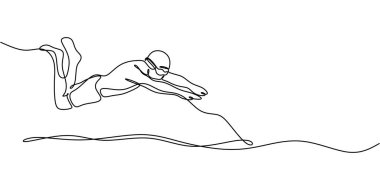 Bir yüzücünün sürekli olarak havuza dalışının çizimi atletizmi, su sporlarını ve sağlığı yansıtıyor. Spor ve spor için minimalist tasarım. Vektör illüstrasyon eli çizildi.