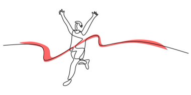 Bitiş çizgisini geçen bir koşucunun sürekli çizimi, spordaki başarıyı ve kendini adamışlığı simgeliyor. Sağlıklı yaşam için minimalist tasarım. Vektör illüstrasyon eli çizildi.