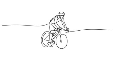 Yol bisikleti süren bir bisikletçi sağlıklı bir yaşam tarzında uygunluğu ve dayanıklılığı sembolize eder. Bisikletçiliğin özünü yakalayan bir çizgi. Vektör illüstrasyon eli çizildi.