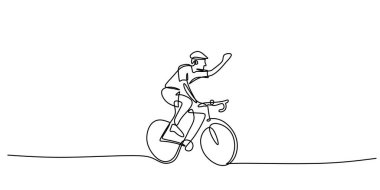 Bisikletli bir bisikletçinin sürekli çizdiği çizgiler sağlıklı yaşam ve zindelik yolculuğunu resmediyordu. Spor meraklıları için minimalist tasarım. Vektör illüstrasyon eli çizildi.