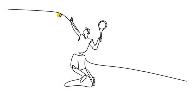 Topa hizmet eden bir tenisçi hassasiyeti, yeteneği ve sportmenliği sembolize ediyor. Sağlıklı bir yaşam için bir çizgi. Vektör illüstrasyon eli çizildi.