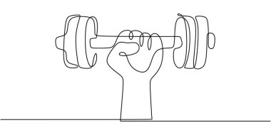 Halteri kaldıran bir el, sporda gücü ve zindeliği sembolize eder. Ağırlık kaldırmanın gücünü gösteren bir çizgi. Vektör illüstrasyon eli çizildi.