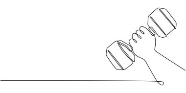 Halteri kaldıran bir elin sürekli çizimi, atletizm gösterisi ve sağlıklı bir yaşam tarzına bağlılık. Spor meraklıları için minimalist tasarım. Vektör illüstrasyon eli çizildi.