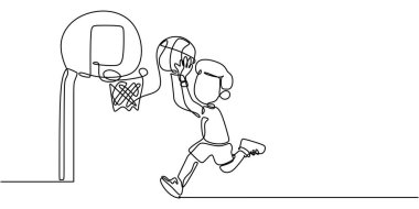 Basketbol oynayan, çevikliği, yeteneği ve takım çalışmasını temsil eden bir adam. Sağlıklı ve aktif bir yaşam tarzı için bir çizgi. Vektör illüstrasyon eli çizildi.