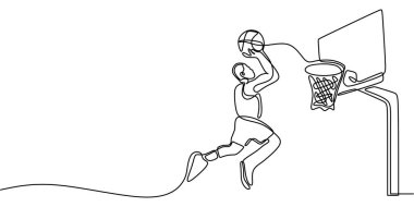 Basketbol oynayan bir adamın sürekli çizdiği çizgi maçın heyecanını ve enerjisini yakalıyor. Spor ve spor için minimalist tasarım. Vektör illüstrasyon eli çizildi.