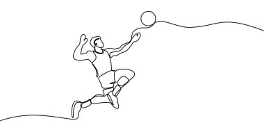 Voleybol oynayan, atletizm ve takım çalışması sergileyen bir adamın durmaksızın çizdiği çizgi. Spor ve spor için minimalist tasarım. Vektör illüstrasyon eli çizildi.