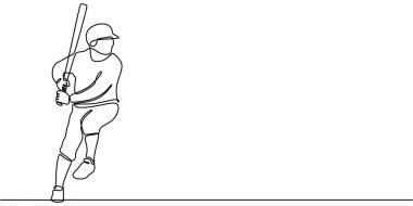 Beyzbol oynayan, atletizm ve sporda konsantrasyon sergileyen bir adamın durmaksızın çizdiği çizgi. Fitness ve sağlık için minimalist tasarım. Vektör illüstrasyon eli çizildi.