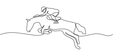 Ata binen adam, zarafeti, gücü ve sporu simgeliyor. Bir çizgi, at biniciliğindeki akışkan hareketi ve beceriyi yakalıyor. Vektör illüstrasyon eli çizildi.