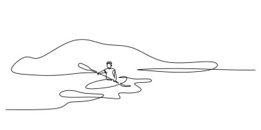 Kanoda kürek çeken bir kürekçinin durmaksızın çizdiği çizgi spordaki sakinlik ve beceriyi gözler önüne seriyor. Aktif ve sağlıklı yaşam için minimalist tasarım. Vektör illüstrasyon eli çizildi.