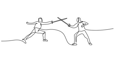 Eskrimdeki disiplin ve çevikliği gösteren sürekli bir kılıç ustası çizimi. Spor ve sağlık için minimalist tasarım. Vektör illüstrasyon eli çizildi.