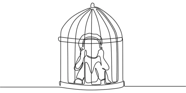 Kafese kapatılmış bir çocuğun sürekli çizdiği bir çizgi. Sınırlamaların, kırılganlığın ve duygusal mücadelenin temaları vurgulanıyor. Vektör illüstrasyon eli çizildi.