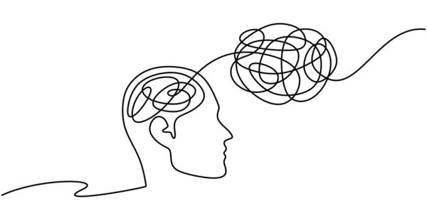 Голова с мозгом и узловой нитью в непрерывном рисунке. Изображение сложности, запутанных мыслей и процесса решения проблем. Векторная иллюстрация.
