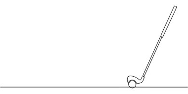 Golf sopası ve topun tek çizgi çizimi. Hassasiyeti, rahatlığı ve profesyonel golf sporunu temsil eder. Vektör illüstrasyon eli çizildi.