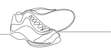 Sürekli bir çizgi çizerek koşu ayakkabıları. Spor ayakkabıları, maraton ve fitness sembolü. Vektör illüstrasyon eli çizildi.