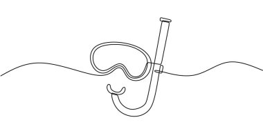 Dalış maskesi ve şnorkelle sürekli bir çizgi çizimi. Minimalist tasarım sualtı keşfini, yüzmeyi ve tüplü dalışı temsil ediyor. Vektör illüstrasyon eli çizildi.