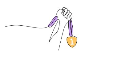 Devamlı bir çizgi çizerek bir madalyayı tutuyor. Başarının, zaferin ve spor mükemmelliğinin sembolü. Vektör illüstrasyon eli çizildi.