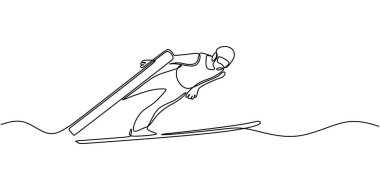 Aralıksız çizgi çizen kayak atleti. Kış sporlarının minimalist tasviri, aşırı aksiyon ve rekabet. Vektör illüstrasyon eli çizildi.