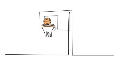 Devamlı bir basketbol potası ve top çizimi. Atış, sportmenlik ve zafer kavramı. Vektör illüstrasyon eli çizildi.