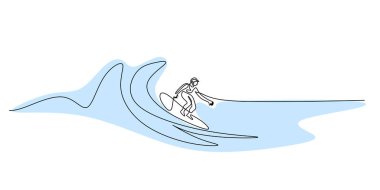 Sörfçü sürekli bir çizgi çizerek sörf yapıyor. Okyanus sporlarının, dengenin ve kıyı yaşam tarzının minimalist temsilcisi. Vektör illüstrasyon eli çizildi.