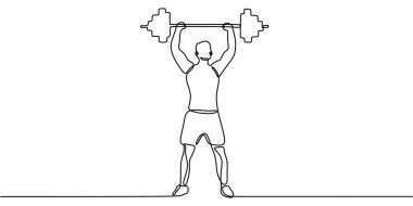 Halterci sürekli halter çekerek halter kaldırıyor. Fiziksel gücün, dayanıklılığın ve ağırlık çalışmasının minimalist tasviri. Vektör illüstrasyon eli çizildi.