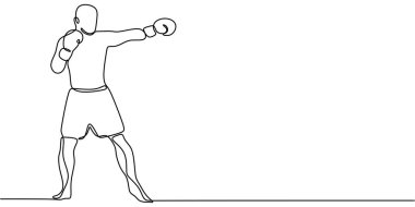 Güçlü bir yumruk atan bir boksörün sürekli çizdiği bir çizgi. Dayanıklılık, cesaret ve boks müsabakalarının sembolü. Vektör illüstrasyon eli çizildi.