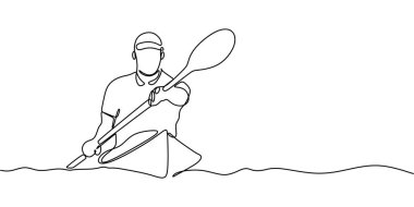 Aralıksız çizim yapan bir kanoda kürek çeken bir kürek. Takım çalışmasının, dayanıklılığın ve su sporlarının temsili. Vektör illüstrasyon eli çizildi.