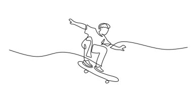 Serbest stil hareketi yapan bir kaykaycının durmaksızın çizdiği bir çizgi. Çevikliğin, sokak kültürünün ve şehir sporlarının sembolü. Vektör illüstrasyon eli çizildi.