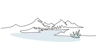 Göl manzaralı bir dağın minimalist çizimi. Yürüyüşün, kampın ve manzaranın temsilcisi. Vektör illüstrasyon eli çizildi.
