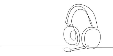 Sürekli bir mikrofonlu kulaklık çizimi. Sanal yardım, oyun ve profesyonel iletişimin sembolü. Vektör illüstrasyon eli çizildi.