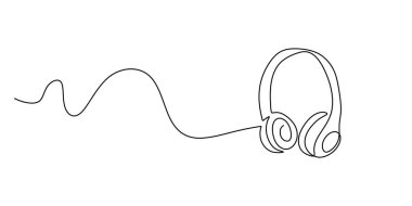 Devamlı çizim yapan bir mikrofonlu kulaklık. Ses iletişimi, müşteri desteği ve çevrimiçi toplantıların temsili. Vektör illüstrasyon eli çizildi.
