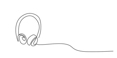 Sürekli bir mikrofonlu kulaklık çizimi. Sanal yardım, oyun ve profesyonel iletişimin sembolü. Vektör illüstrasyon eli çizildi.