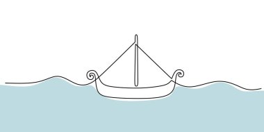 Sürekli Viking Gemisi çizimi. Geminin şekline ve basit yelkenlere aşırı detaylar olmadan odaklanmak. Vektör illüstrasyon eli çizildi.