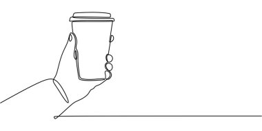 El 'in bir fincan kahve tutarken durmaksızın çizdiği çizgi. Rahatlığı ve sabah vaktini temsil ediyor. Vektör illüstrasyon eli çizildi.