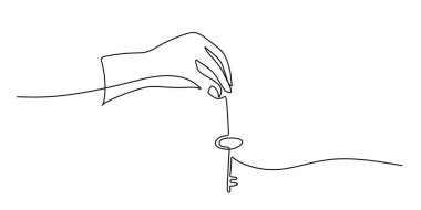 El 'in anahtar tutarken durmaksızın çizdiği çizgi. Mülk, çözüm ya da güvenlik sembolü. Vektör illüstrasyon eli çizildi.