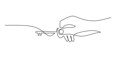 El 'in anahtarı tuttuğu bir çizgi. Mülkü, çözümü ya da güvenliği temsil etmek. Vektör illüstrasyon eli çizildi.