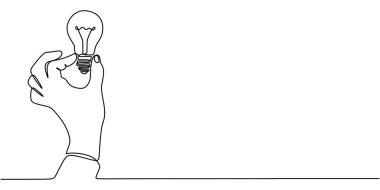 El 'in ampulü tutarken durmaksızın çizdiği çizgi. Fikir ve yeniliği temsil ediyor. Vektör illüstrasyon eli çizildi.