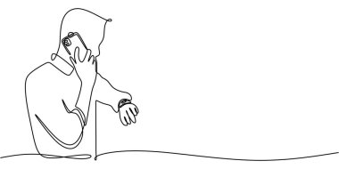 Akıllı telefon kullanan birinin tek sıra çizimi. Bağlantıyı, teknolojiyi ve sohbeti temsil ediyor. Vektör illüstrasyon eli çizildi.