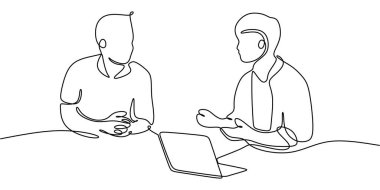 Dizüstü bilgisayarlarla sürekli bir çizgi çizen iki kişi. Takım çalışmasını, işbirliğini ya da beyin fırtınasını temsil ediyor. Vektör illüstrasyon eli çizildi.