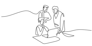 Elinde sürekli bir çizim halinde kağıtlar olan bir masada oturan kişi. Planlamayı, idareyi ya da ofis işini simgeler. Vektör illüstrasyon eli çizildi.