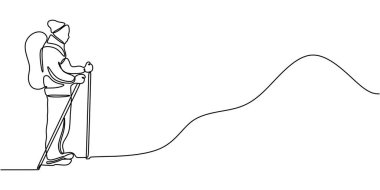 Aralıksız Çizgi Sanat Dağcısı Erkek Sırt Çantası Yürüyüş Çubukları. Açık havada Seyahat Macerası Minimalist Vektör İllüstrasyonu.