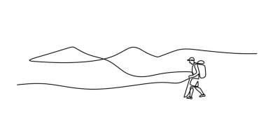 Bir Hat Minimalist Vektör Erkek Yürüyüş Sırt Çantası Tur Kutbu. Dağ Yürüyüşü Serüvenleri.