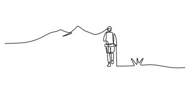 Sırt çantasıyla tırmanan adam tek sıra halinde yürüyüş yapıyor. Dağ Seferi Minimalist Vektörü.