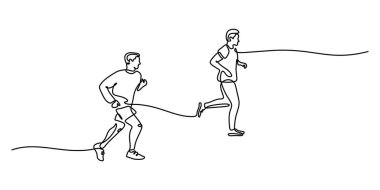 Minimalist Devamlılık Çizgisi İki adamın yan yana koştuğunu gösteriyor. Fitness Sağlığı Etkinlik Vektörü Sanatı.