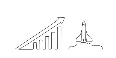 Aralıksız Tek Hat Stili Roket Yukarı Doğru Grafik. Büyüme İnovasyon Kavram Vektörü Sanatı.