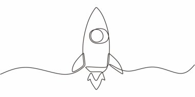 Minimalist Tek Hat Yukarı Uçan Roket Çiziyor. Başarı Süreci Sembol Vektör Sanatı.