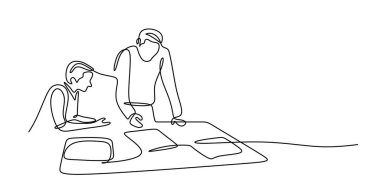 Minimalist Bir Hat Vektörü İki Adam Belgeleri Analiz Ediyor. İş Takımı Konsepti.