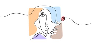 Bir Çizgi Sanatı: Soyut Kadın, Gül Çiçeği Dekorasyonu Yüzü. Zarif Sadelik Vektörü.