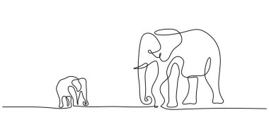 Tek Hat Vektörü, Anne Fil Bebeği Çekiyor. Aile Doğa Sembolü.