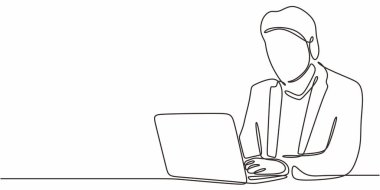 Dizüstü bilgisayarla meşgul olan ve uzaktan çalışmayı veya çalışmayı gösteren bir erkek figürü tasvir eden tek satır sanatı. Vektör illüstrasyon eli çizildi.