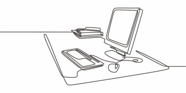 Tek satırlık sanat, ofis masasını temsil ediyor. Bilgisayarla donatılmış, iş kavramları için uygun. Vektör illüstrasyon eli çizildi.